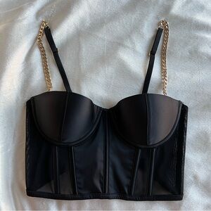 MESHKI Corset Top w/ Mesh & Gold Chain Straps - Black
